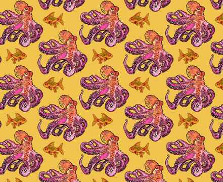 Octopus and goldfish colorful repeat pattern, shower curtain seamless print, vector seamless illustration 