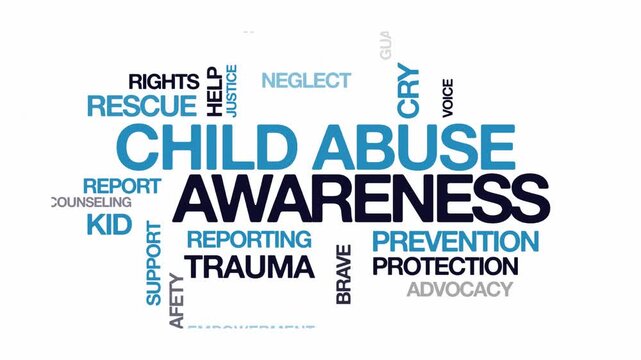 Child abuse awareness concept Animated Tag Word Cloud kinetic typography, Text Design Animation typography seamless loop video motion graphics Intro Wordart blue type on white background backdrop bg