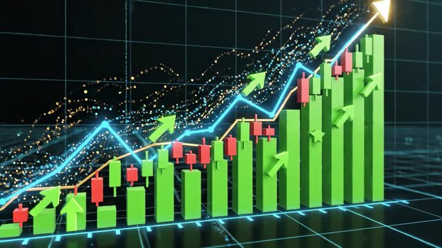 Rising stock market with candlestick chart and arrows increasing business financial growth and investment strategy