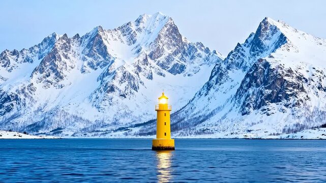 Yellow lighthouse in snowy mountain landscape