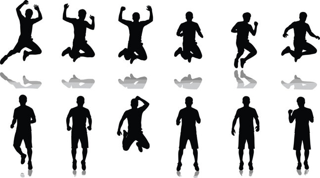 A set of black silhouettes featuring a man in various jumping and standing poses with reflections isolated on a white background for sports projects.