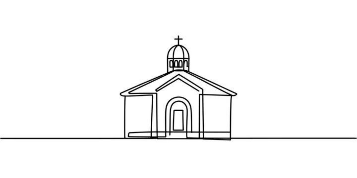 A continuous line drawing illustration of a small church building with a cross on the rooftop