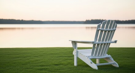 Fototapeta premium Tranquil White Chair by Calm Lake at Dusk with Soft Reflection