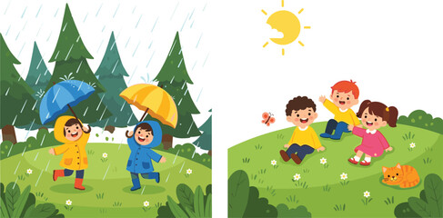 Obraz premium Children Playing in Rain and Sunny Weather Set with Kids Outdoor Activities Umbrella Fun Nature Cartoon Vector Illustration Collection