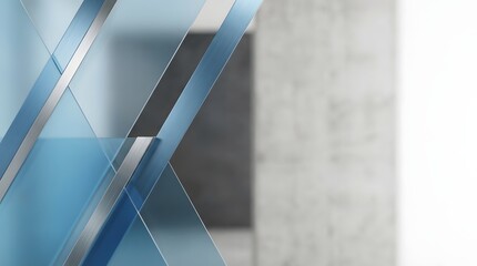 Obraz premium Modern abstract geometric design featuring overlapping blue glass planes and silver accents against a concrete background