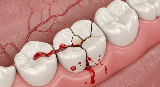 Cracked Tooth with Bleeding Gums - Dental Health and Pain Concept