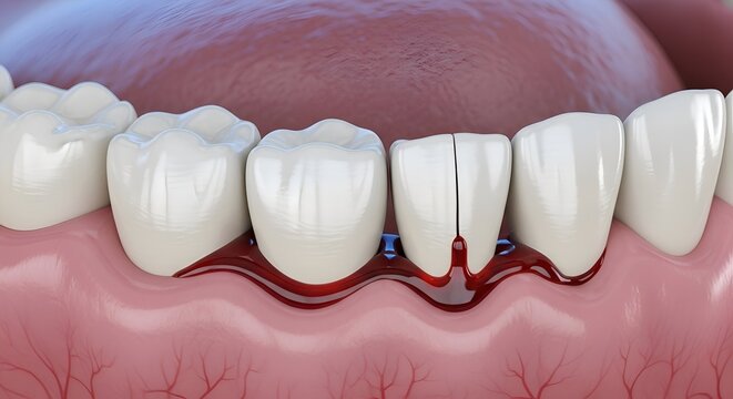 Dental Health: Cracked Tooth with Bleeding Gums - Close-up Medical Illustration