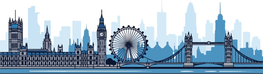 Obraz premium A blue cityscape featuring iconic landmarks like Parliament, Big Ben, London Eye, and Tower Bridge