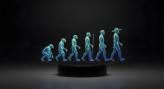 A captivating digital rendering illustrates the evolutionary journey of humankind, from primitive ape to modern bipedal human, depicted as glowing wireframe models.