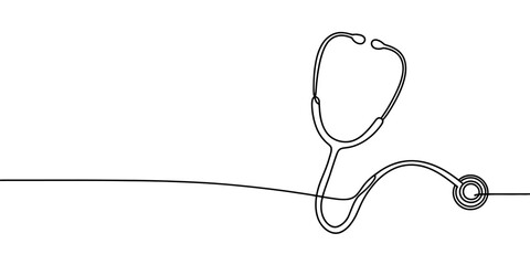 A single continuous line drawing of a medical stethoscope on a clean and simple white background © Sojib