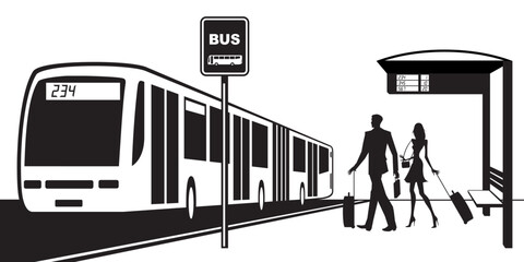 Passengers get in the bus from station - vector illustration © angelha