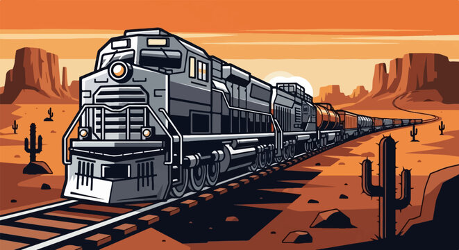 Desert landscape with a long train traveling through arid canyons