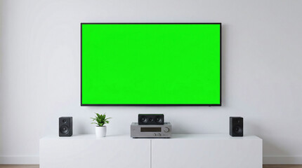 Fototapeta premium Green Screen TV Mockup in Modern Living Room – Home Entertainment Display for Video Editing and Advertising
