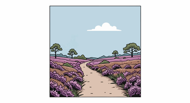 A winding path through purple heather fields with scattered trees under a pale sky