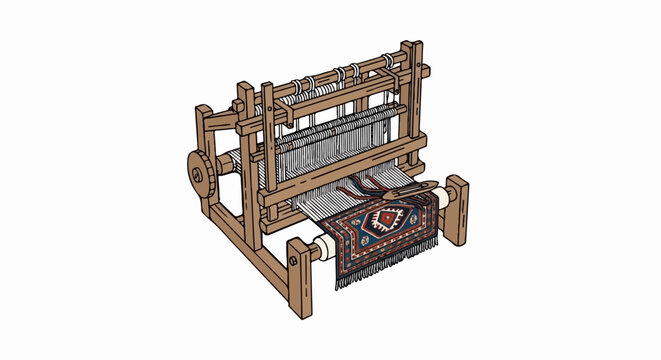 A wooden loom with threads and a patterned rug being created