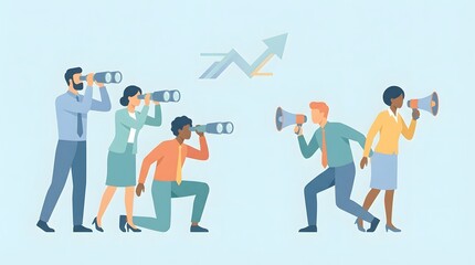 Business team uses binoculars for vision and megaphones for communication aiming for future growth