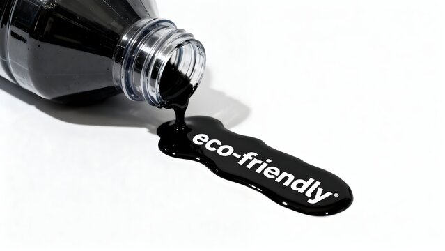 Thick black viscous liquid spills from an inverted bottle forming the word eco-friendly onto a clean white surface below.