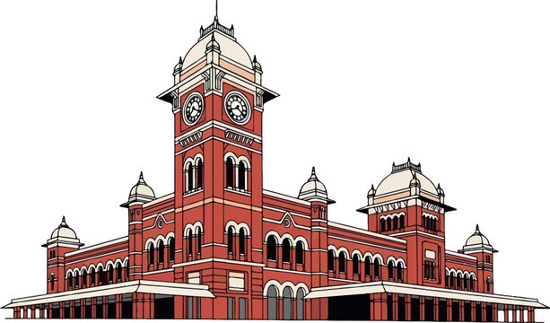 Grand red brick building with domes and a prominent clock tower