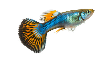 Fototapeta premium Blue and orange guppy fish profile tail isolated on a transparent background