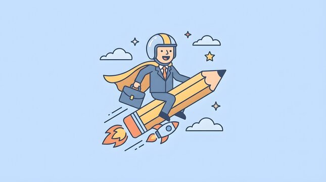 Cartoon businessman in suit and cape rides rocket powered pencil through sky with clouds symbolizing fast progress and creative success