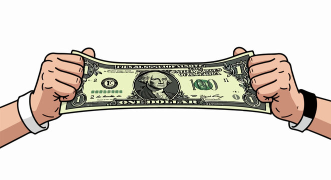Hands stretching a one-dollar bill horizontally against a white background