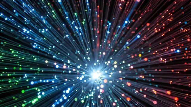 Colorful fireworks explode in night sky.