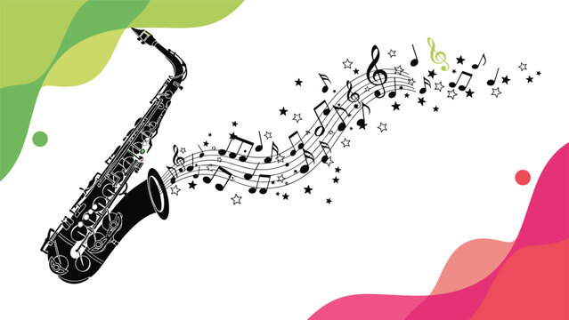 Black silhouette of a saxophone with musical notes and stars flowing out against a colorful abstract background.