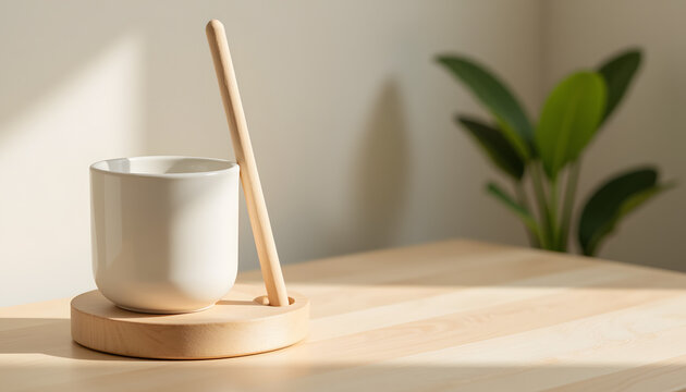 Minimalist moxa stick holder on light wooden table, calming elegance