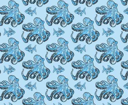 Octopus and fish seamless repeat pattern in vector 