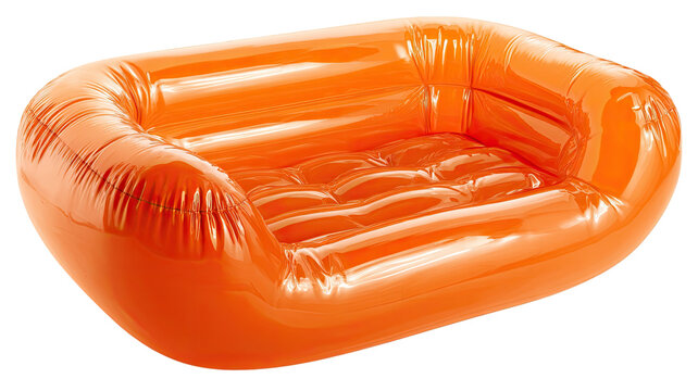 transparent orange inflatable sofa modern air couch glossy plastic furniture isolated on white background contemporary design 
