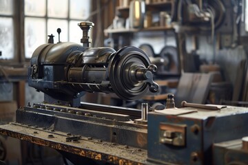 Fototapeta premium Close up of a vintage metal lathe machine covered in sawdust, showcasing the craftsmanship and industrial history within a workshop environment