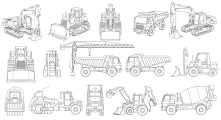 Naklejka premium Construction Vehicle Vector Set – Heavy Machinery AutoCAD Blueprint Multiview Orthographic Technical Drawing
