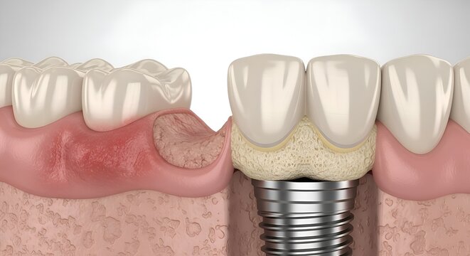 Dental Implant vs. Damaged Tooth: Cross-section showing bone loss and implant placement