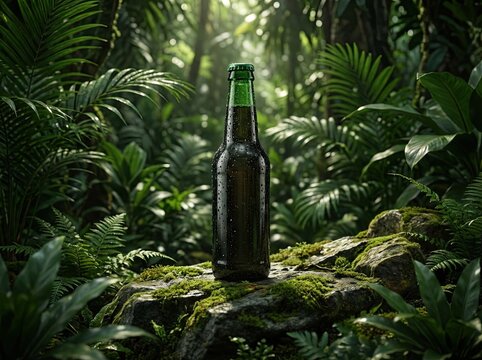 Green glass bottle standing on mossy rock in lush tropical jungle