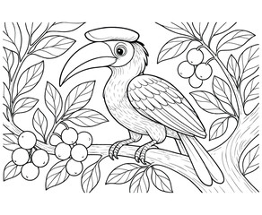 Naklejka premium Hornbill bird sitting on branch with tropical berries coloring book page for kids activity.