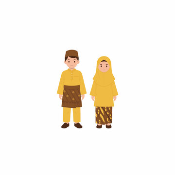 Muslim Malay Couple in Yellow Traditional Baju Melayu and Kurung