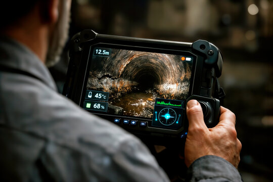 Operator looking at a rugged monitor showing a pipe inspection camera feed.