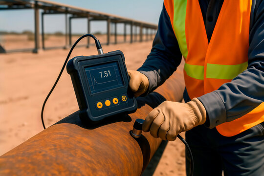 Ultrasonic thickness gauge measurement on rusted industrial metal pipe.