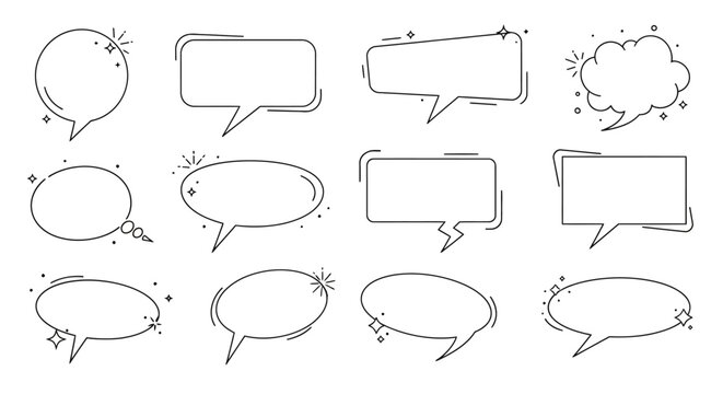 A set of black and white comic speech bubbles and prank speech bubbles with captions like 'Gotcha!' and 'Just kidding!' for reusable designer assets against a clean white background