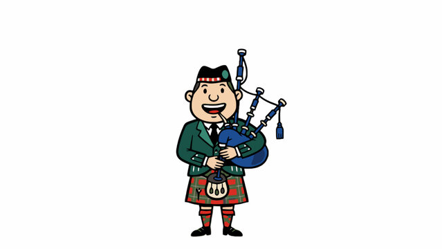 Bagpiper character playing instrument in traditional Scottish kilt