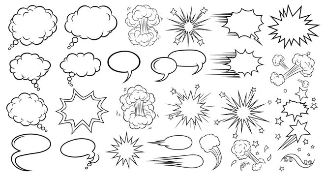 A collection of black and white comic speech bubbles and prank speech bubble sets with various captions like 'Gotcha!', 'No way!', and 'Just kidding!' for reusable designer assets