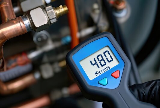 Gloved hand holding digital micron gauge near copper HVAC pipes.