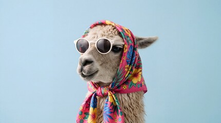 Fototapeta premium Whimsical Alpaca with Sunglasses and Scarf, Adorable Portrait of a Farm Animal in Stylish Headwear, Fun and Quirky Pet Photo