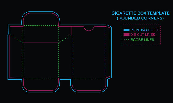 Cigarette box template with rounded corners and cutting guidelines
