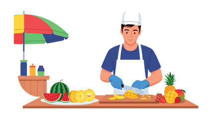 Tropical Fruit Stall: A vendor slices fresh mangoes, surrounded by vibrant fruits like watermelon and pineapple at a lively fruit stall. Illustrating the freshness and exoticism of a tropical market. © Abdul