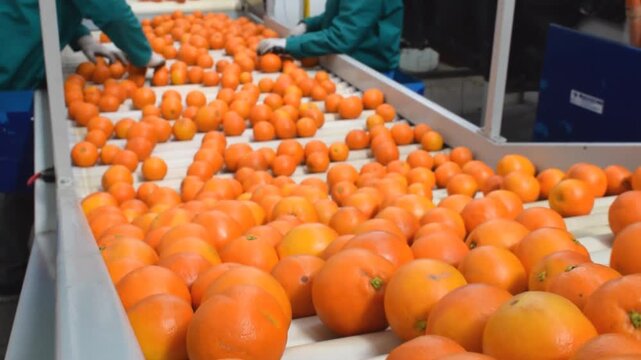 Manual selection of oranges on conveyor belt in warehouse