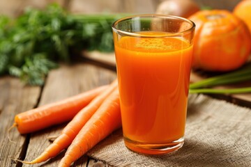 Obraz premium Freshly squeezed carrot juice with carrots on rustic wooden table