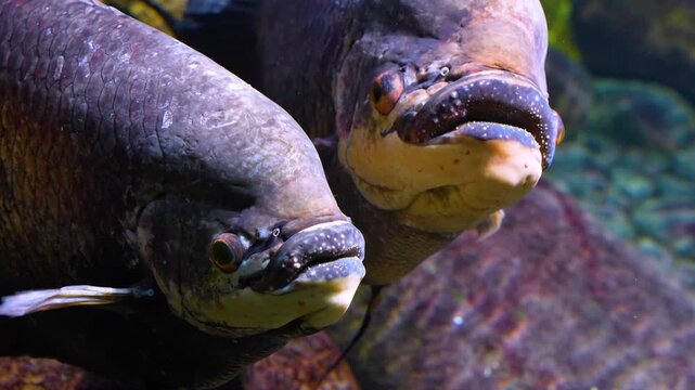Close up head of an elephant ear fish gourami resting underwater in a river