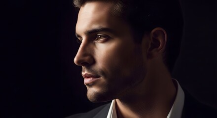 Obraz premium Elegant profile portrait of a confident young man with a serious expression, illuminated by soft, dramatic light against a dark backdrop, emphasizing his strong jawline and pensive mood