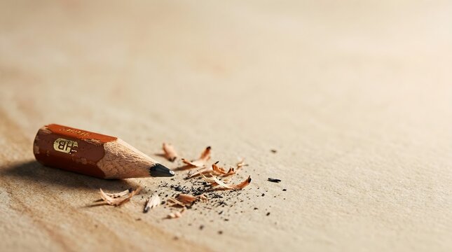 Chronic Burnout Concept with Worn Down Pencil Stub and Wood Shavings on Beige Background
